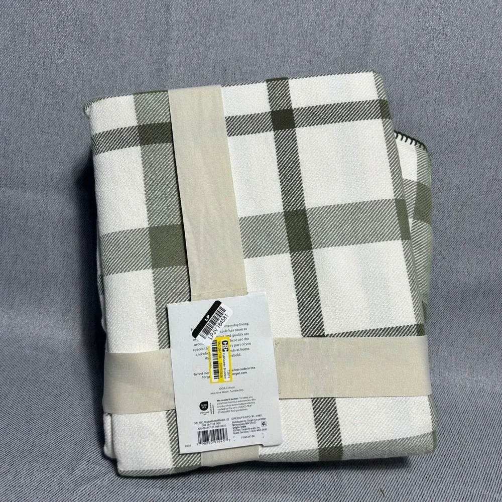 Threshold Full Queen Brushed Cotton Blanket Green White Plaid Farmhouse